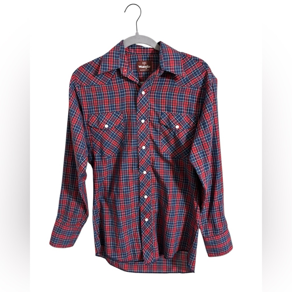 Wrangler Western Red Blue Plaid Pearl Snap‎ Shirt Men’s Small